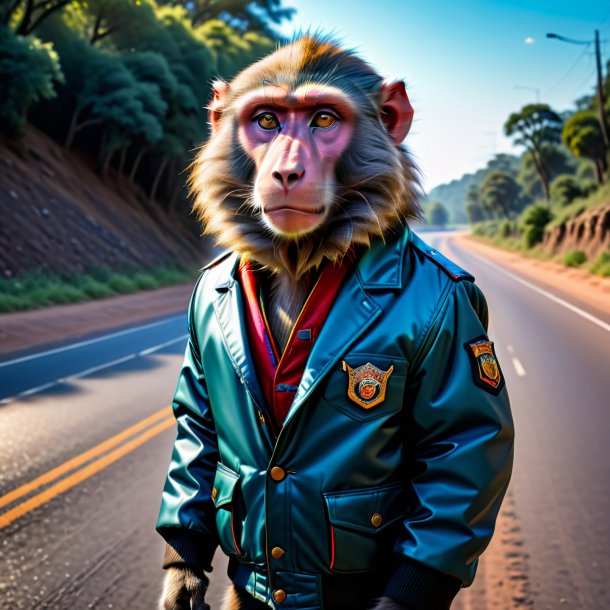 Image of a baboon in a jacket on the road