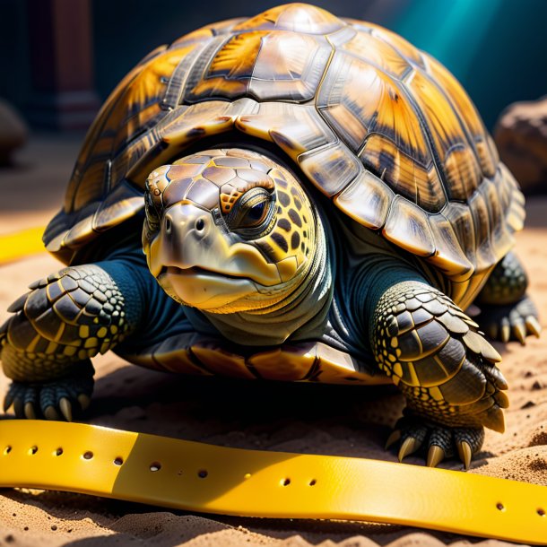 Photo of a tortoise in a yellow belt