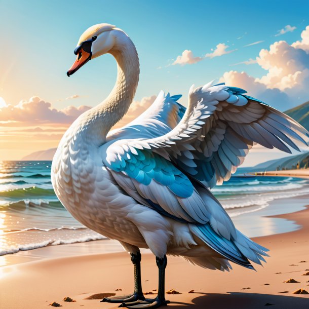 Ilustración de un cisne en un abrigo en la playa