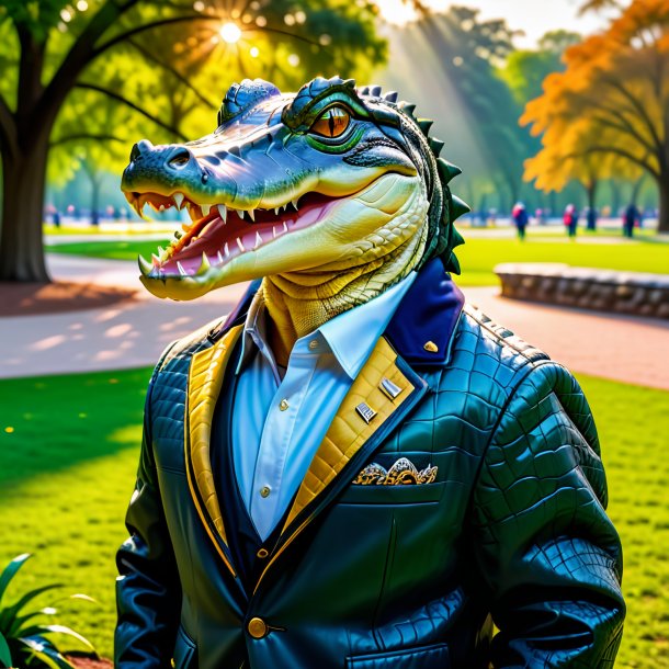 Pic of a alligator in a jacket in the park