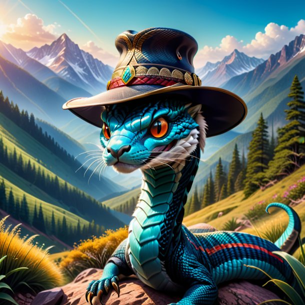 Drawing of a cobra in a hat in the mountains