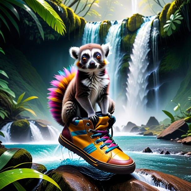 Image of a lemur in a shoes in the waterfall