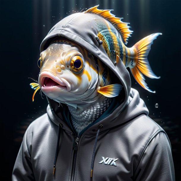 Photo of a fish in a gray hoodie