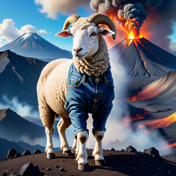 Drawing of a sheep in a jeans in the volcano