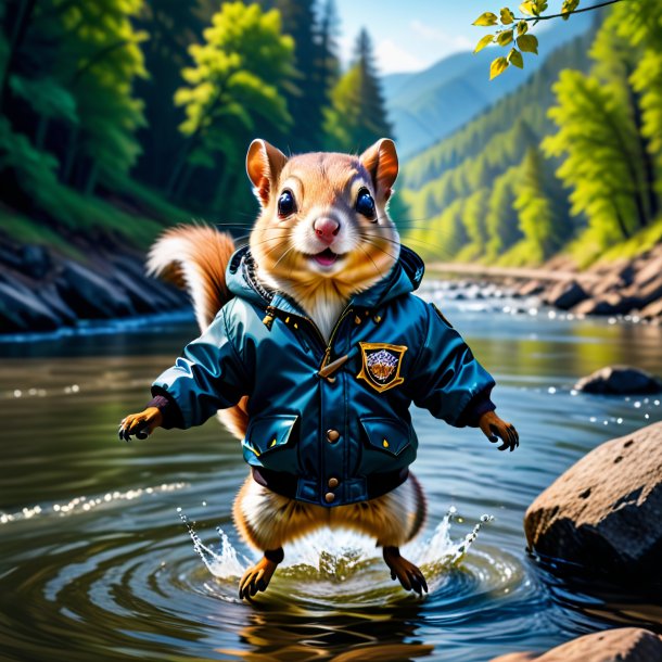 Foto de una ardilla voladora en una chaqueta en el río