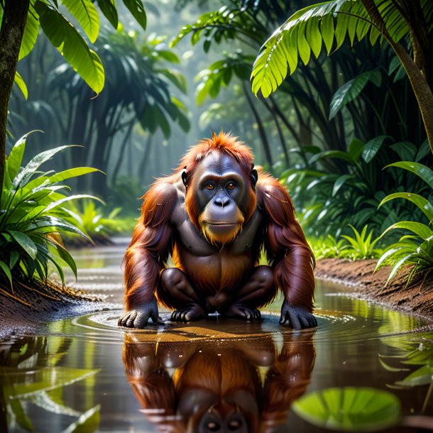 Foto de una espera de un orangután en el charco