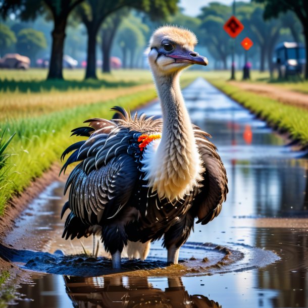 Picture of a ostrich in a vest in the puddle