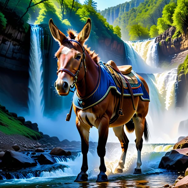 Pic of a mule in a vest in the waterfall