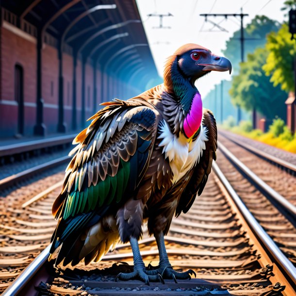 Image of a vulture in a coat on the railway tracks