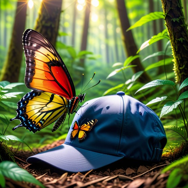 Foto de una mariposa en una gorra en el bosque