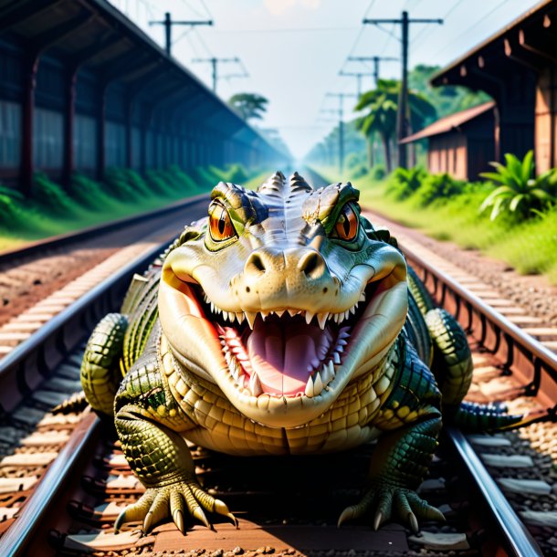 Imagem de um sorriso de um crocodilo nos trilhos ferroviários