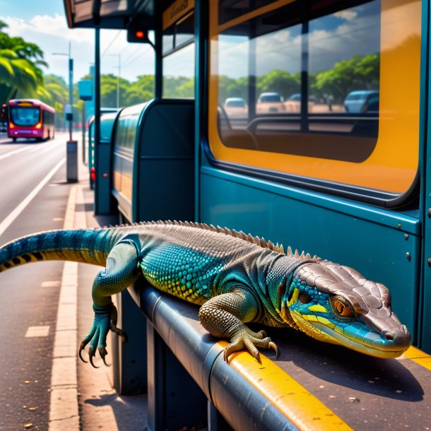 Imagem de um sono de um lagarto monitor no ponto de ônibus