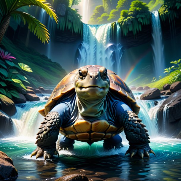 Photo of a tortoise in a jeans in the waterfall