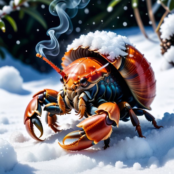 Photo of a smoking of a hermit crab in the snow