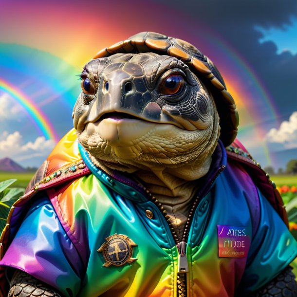 Foto de una tortuga en una chaqueta en el arco iris