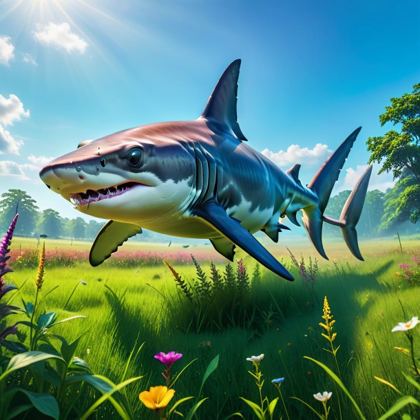 Photo of a playing of a hammerhead shark in the meadow