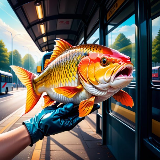 Illustration of a carp in a gloves on the bus stop