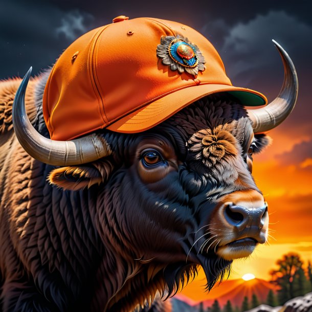 Foto de un bisonte en una gorra naranja