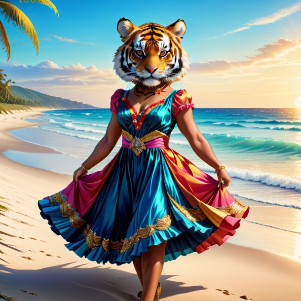 Illustration of a tiger in a dress on the beach