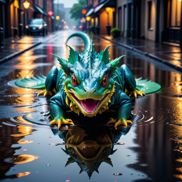 Photo of a basilisk in a coat in the puddle