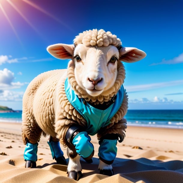 Foto de una oveja en guantes en la playa