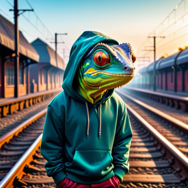 Foto de un camaleón en una sudadera con capucha en las vías del tren