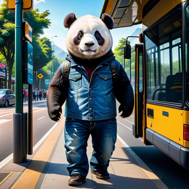 Photo d'un panda géant dans un jean sur l'arrêt de bus