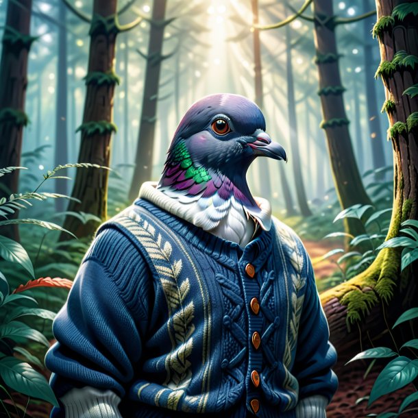 Illustration d'un pigeon dans un pull dans la forêt