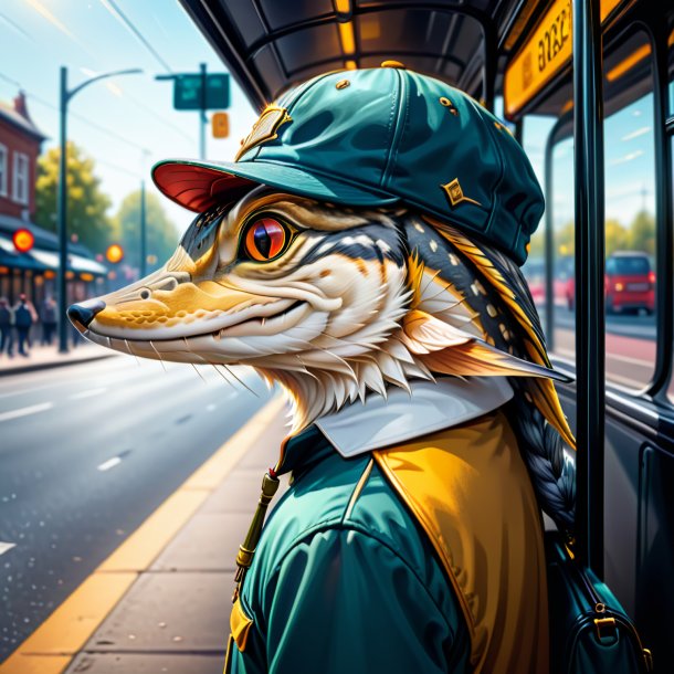 Drawing of a pike in a cap on the bus stop