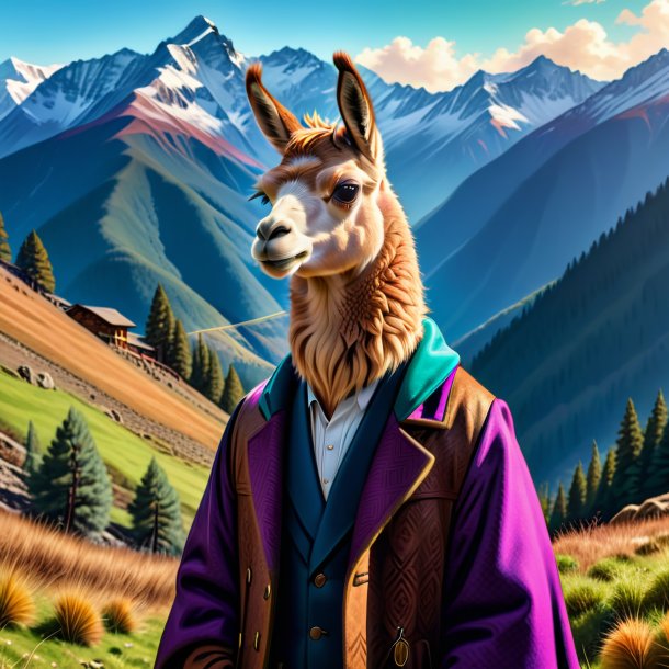 Drawing of a llama in a coat in the mountains