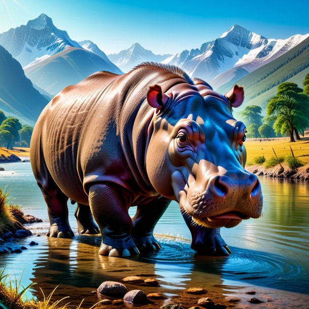 Picture of a drinking of a hippopotamus in the mountains