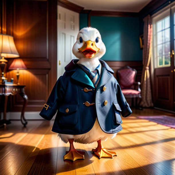 Pic of a duck in a coat in the house