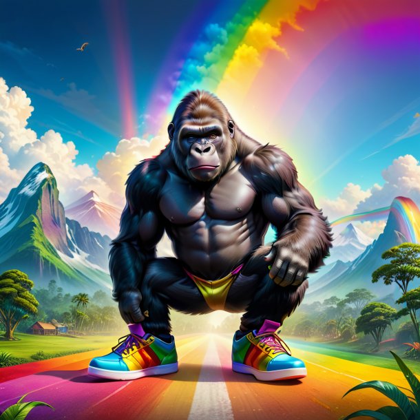 Drawing of a gorilla in a shoes on the rainbow