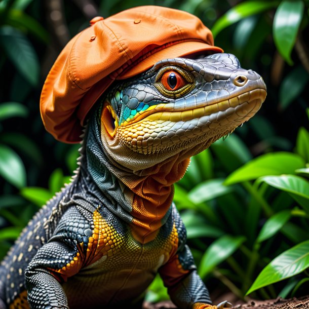 Imagen de un lagarto monitor en una gorra naranja