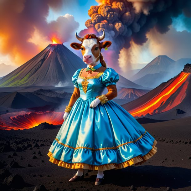 Photo of a cow in a dress in the volcano