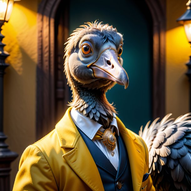 Photo of a dodo in a yellow coat