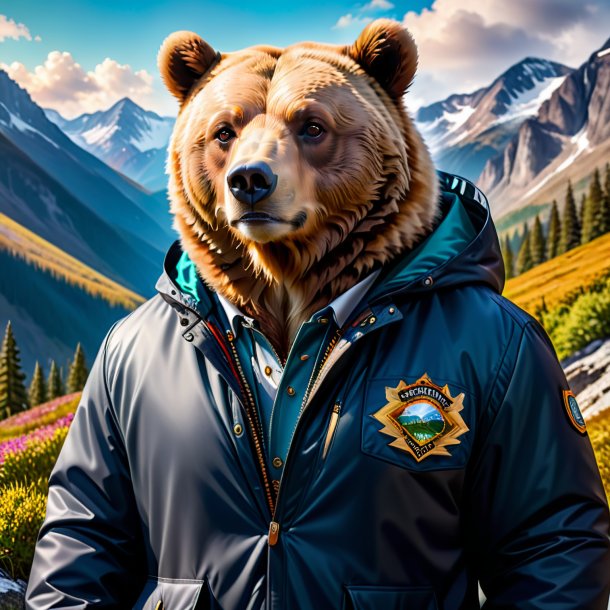 Pic of a bear in a jacket in the mountains