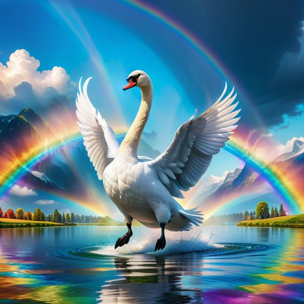 Photo d'un saut d'un cygne sur l'arc-en-ciel