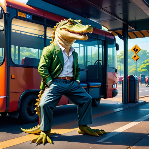 Image of a crocodile in a trousers on the bus stop