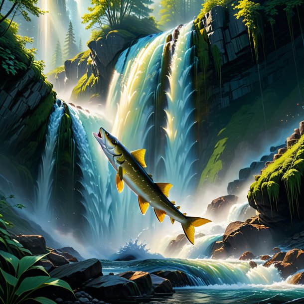 Pic of a playing of a pike in the waterfall