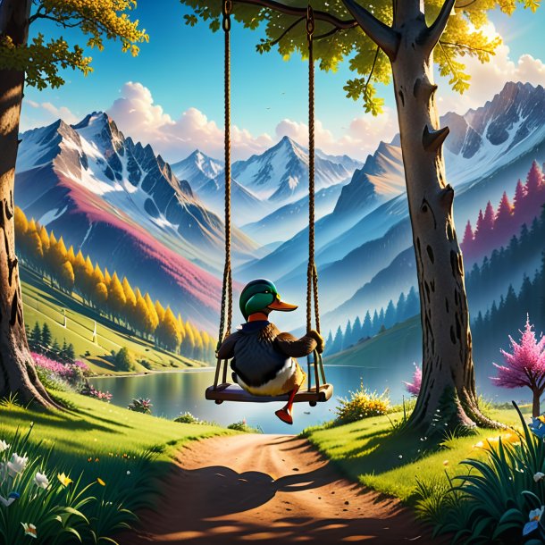 Image of a swinging on a swing of a duck in the mountains