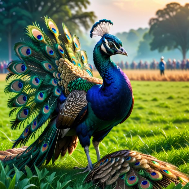 Pic of a eating of a peacock on the field