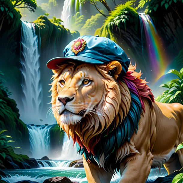 Illustration of a lion in a cap in the waterfall