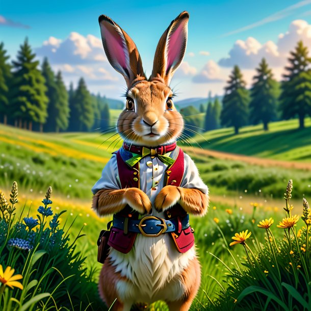 Image of a hare in a belt in the meadow