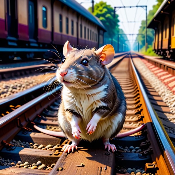 Foto de una espera de una rata en las vías del tren