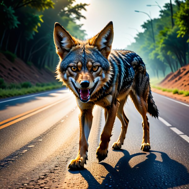 Image d'une colère d'un chacal sur la route