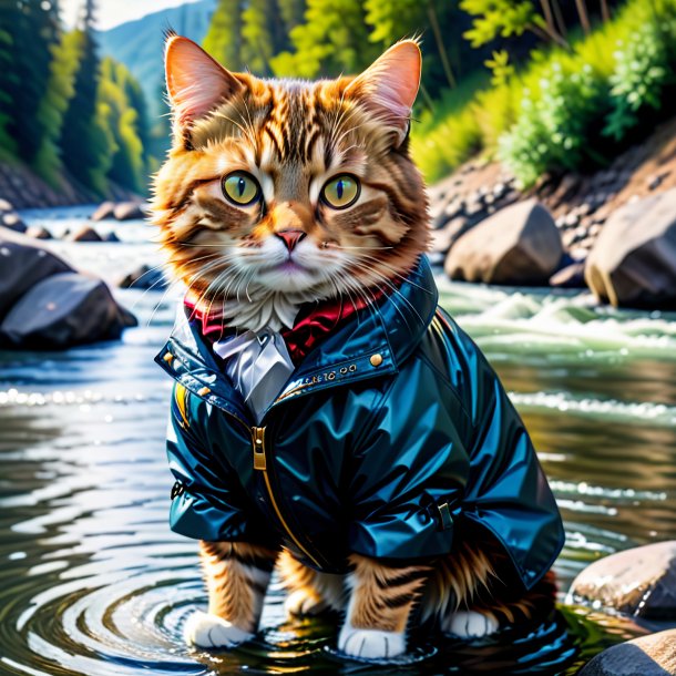 Foto de un gato en una chaqueta en el río