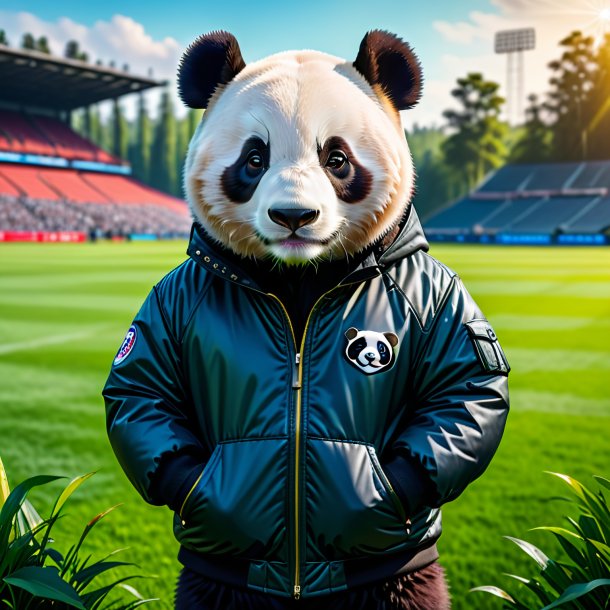 Foto de un panda gigante en una chaqueta en el campo