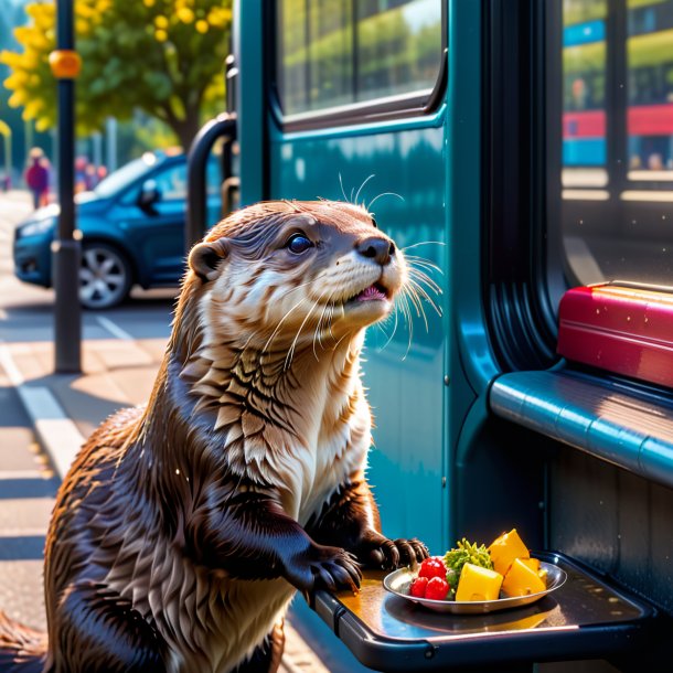 Photo of a eating of a otter on the bus stop