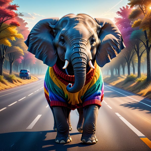 Ilustração de um elefante em um suéter na estrada